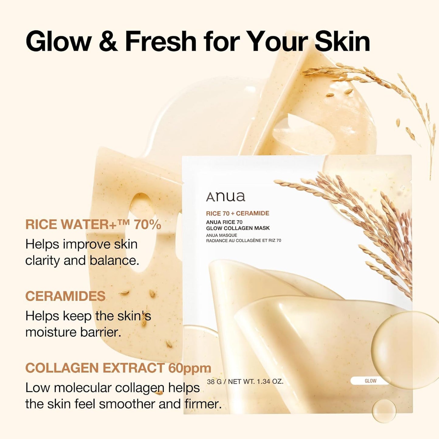 Anua Rice 70 Glow Collagen Mask 38G (1Ea)*4Set